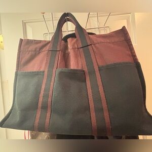 Authentic Hermes Black and Burgundy Top Handle travel Tote